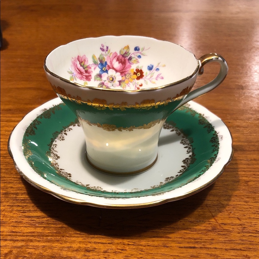 Vintage 1987 Green Floral Porcelain Teacup and Saucer with Gold Trim